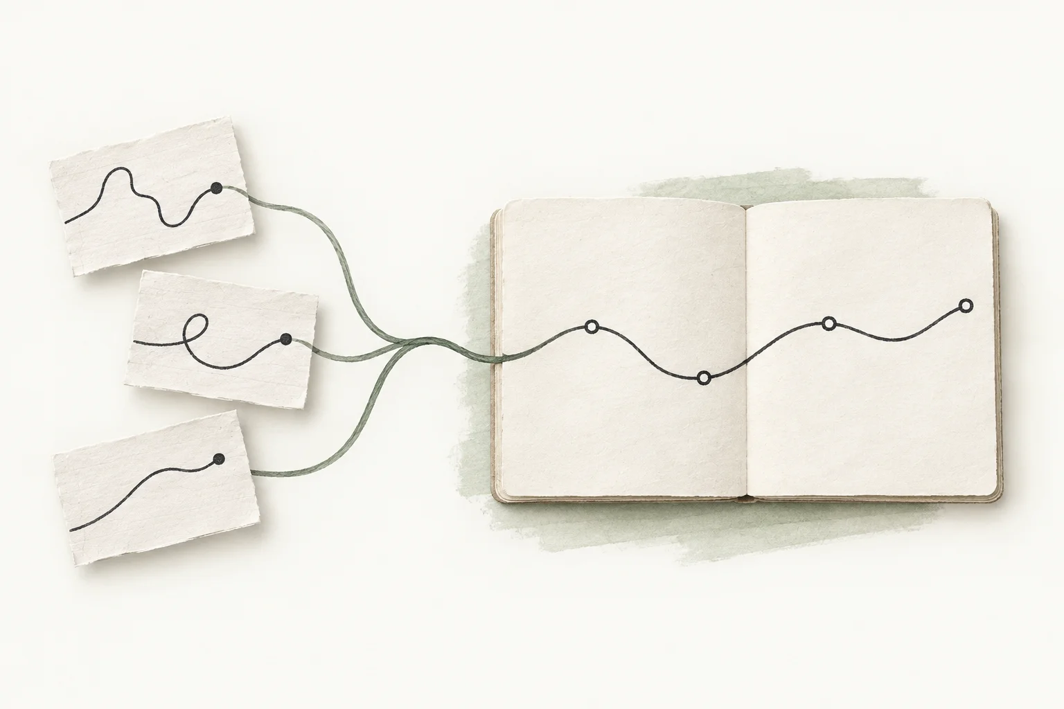 Scattered notes joined by a sage thread into one continuous path across an open notebook.